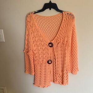 Open-Knit Peach Button-Front Cardigan Sweater